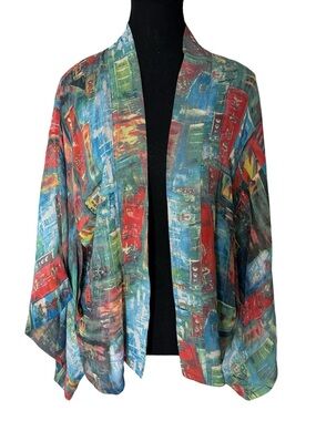 CHICO’S Silk Lightweight Short Kimono Abstract Japan Art Print Small Medium